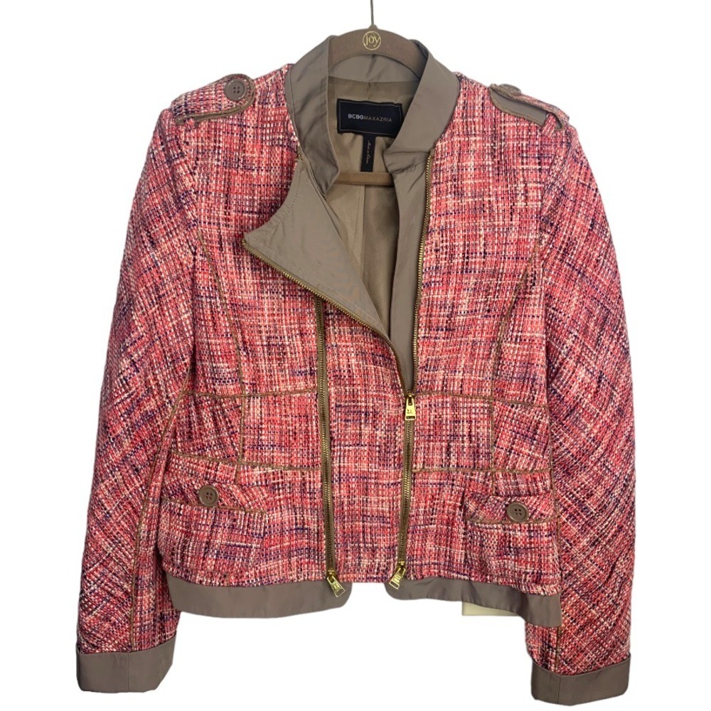 BCBGMaxAzria Military Moto Double Zipper  Tweed‎ boucle Convertible Jacket, M